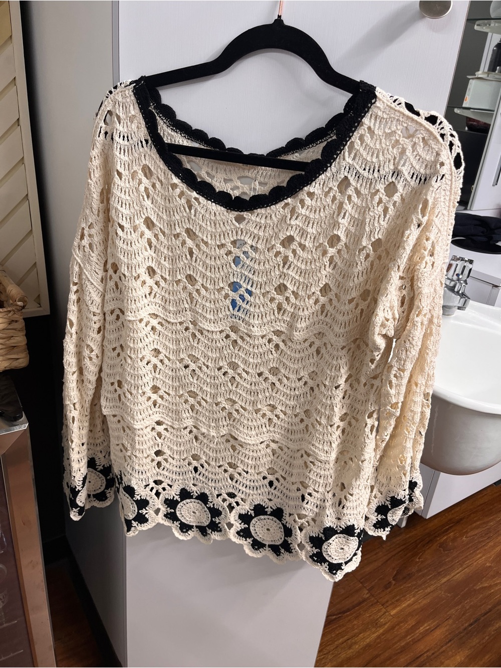 Crochet Lace Long-Sleeve Blouse - Cream with Black Trim